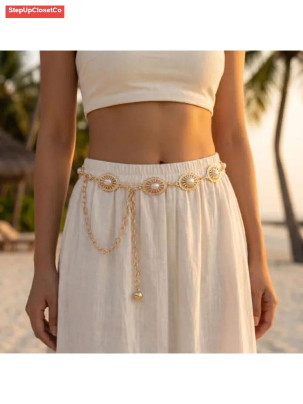 Adjustable Gold Waist Chain Belt Women Boho Vintage Pearl Metal Concho Belt